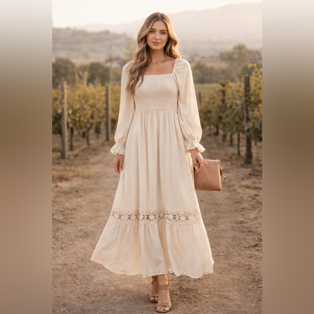 ZESICA Boho Long Sleeve Square Neck Smocked Lace Trim Maxi Dress Apricot S NWOT